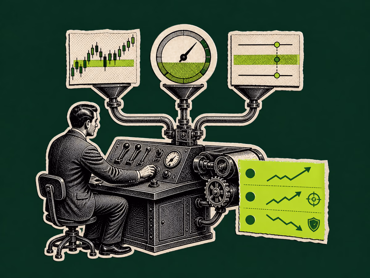 A calm operator combines market structure, momentum, and key levels into one defined trade plan.