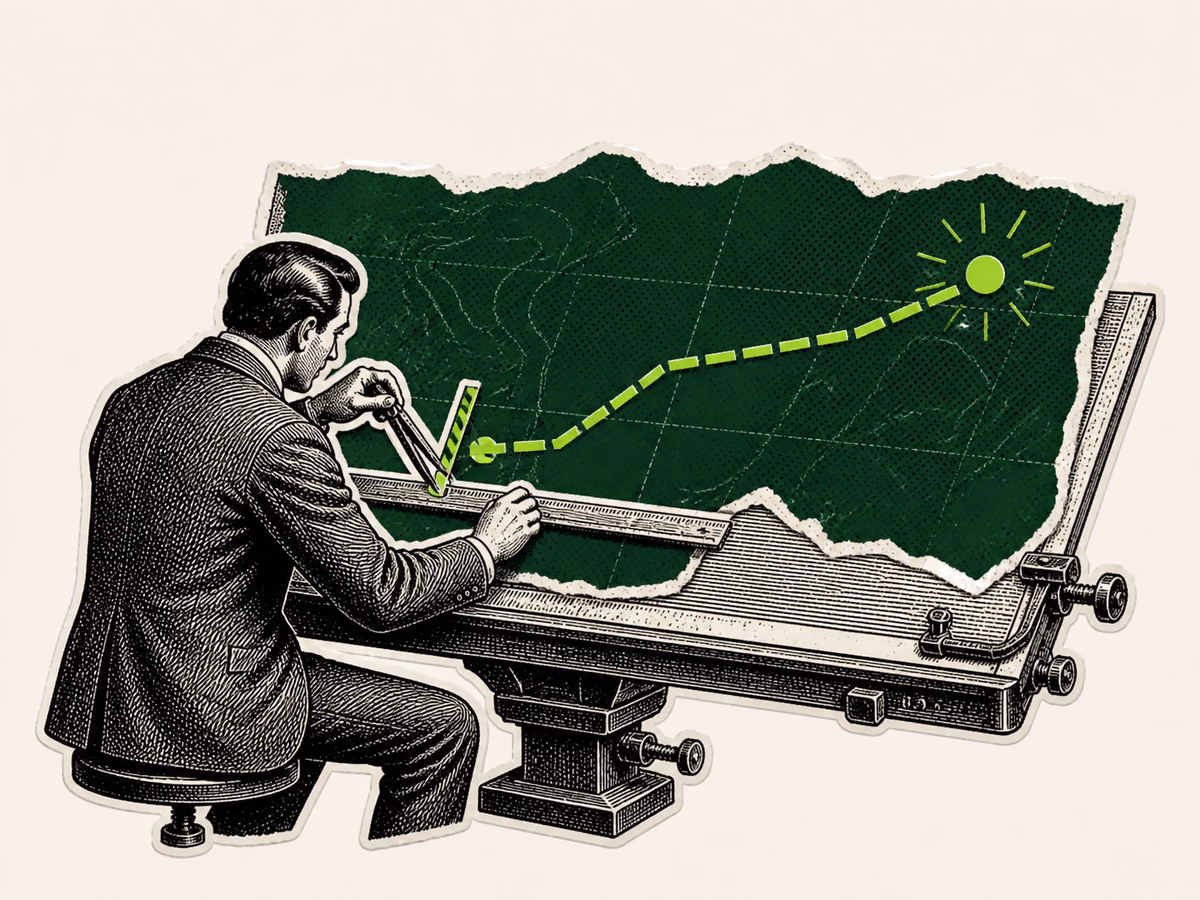 An analyst measures a route with a start, objective, and protective stop before moving.