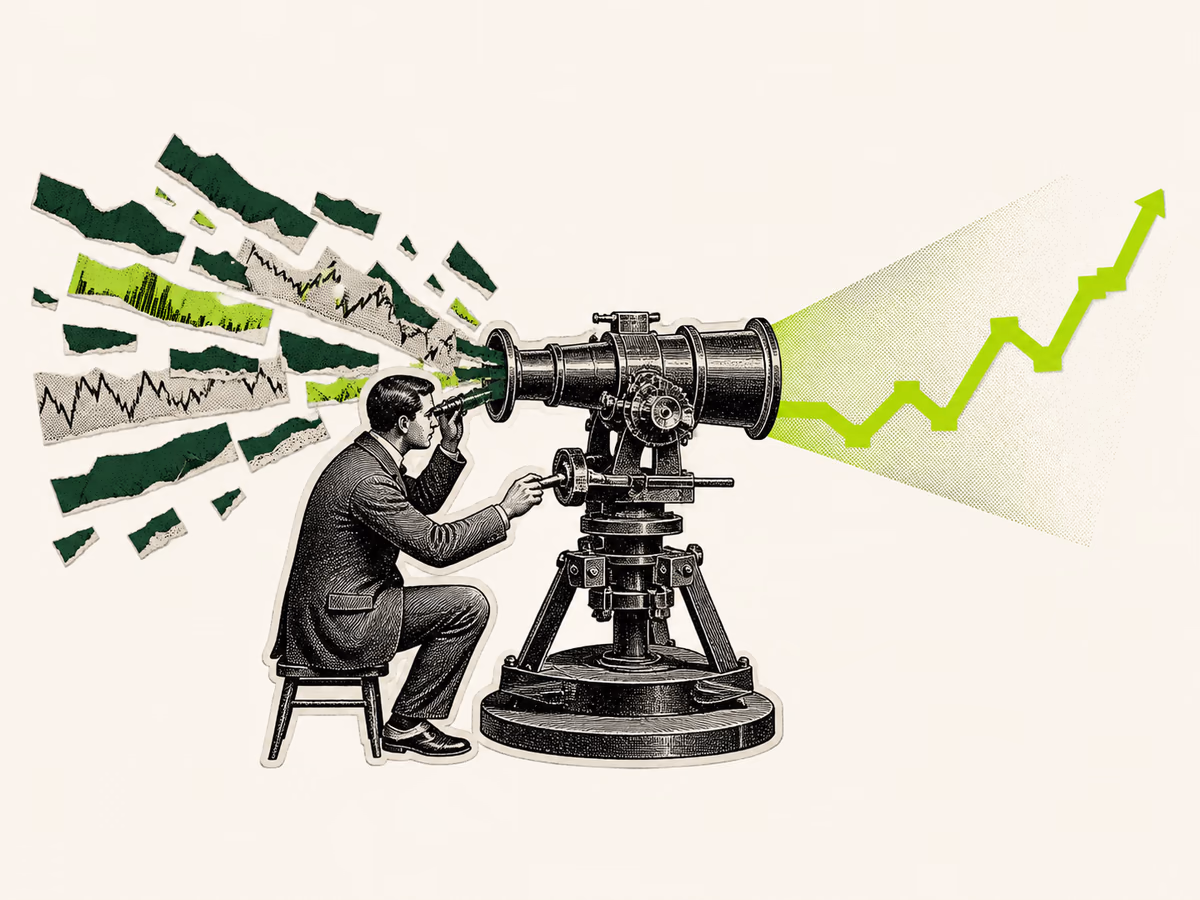 An analyst filters scattered market evidence through an optical instrument into one clear setup.